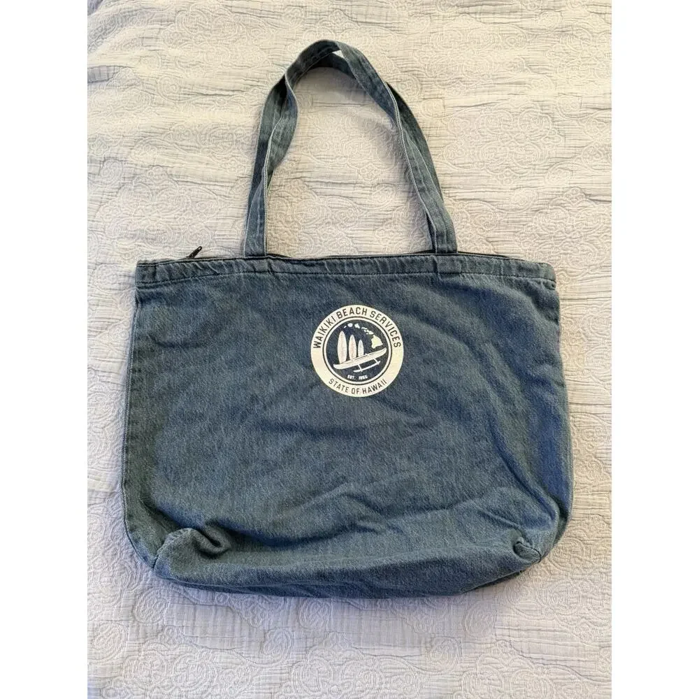 Royal‎ Surf Club Waikiki Beach Blue Denim Tote Bag Beach Vacation Zip Hawaii